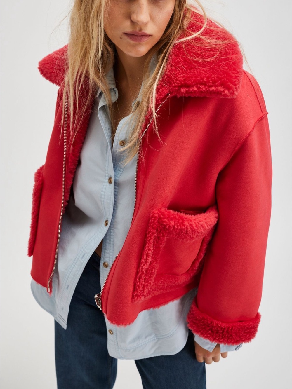 FREE PEOPLE Vera Shearling Aviator Jacket Women's Size XS Red/Rouge
